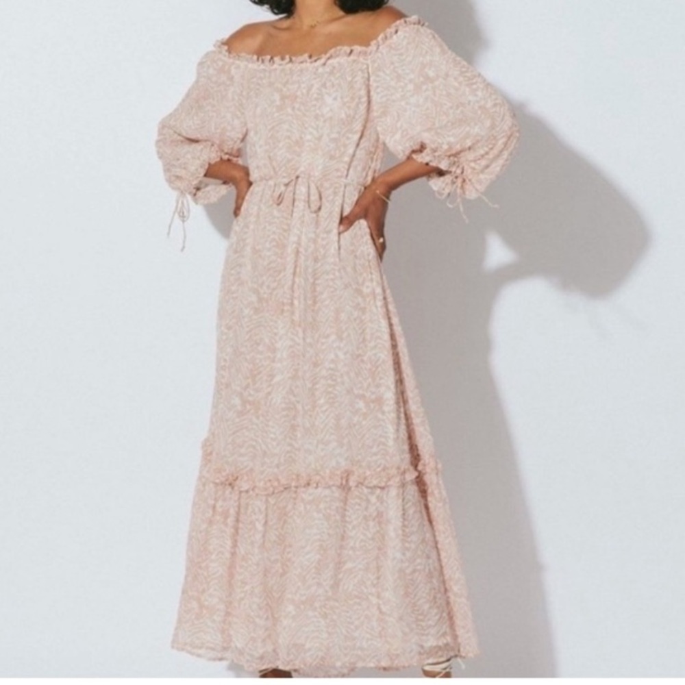 Cleobella Saige Ankle Pink Off-Shoulder poof sleeve ruffle Graduation dress